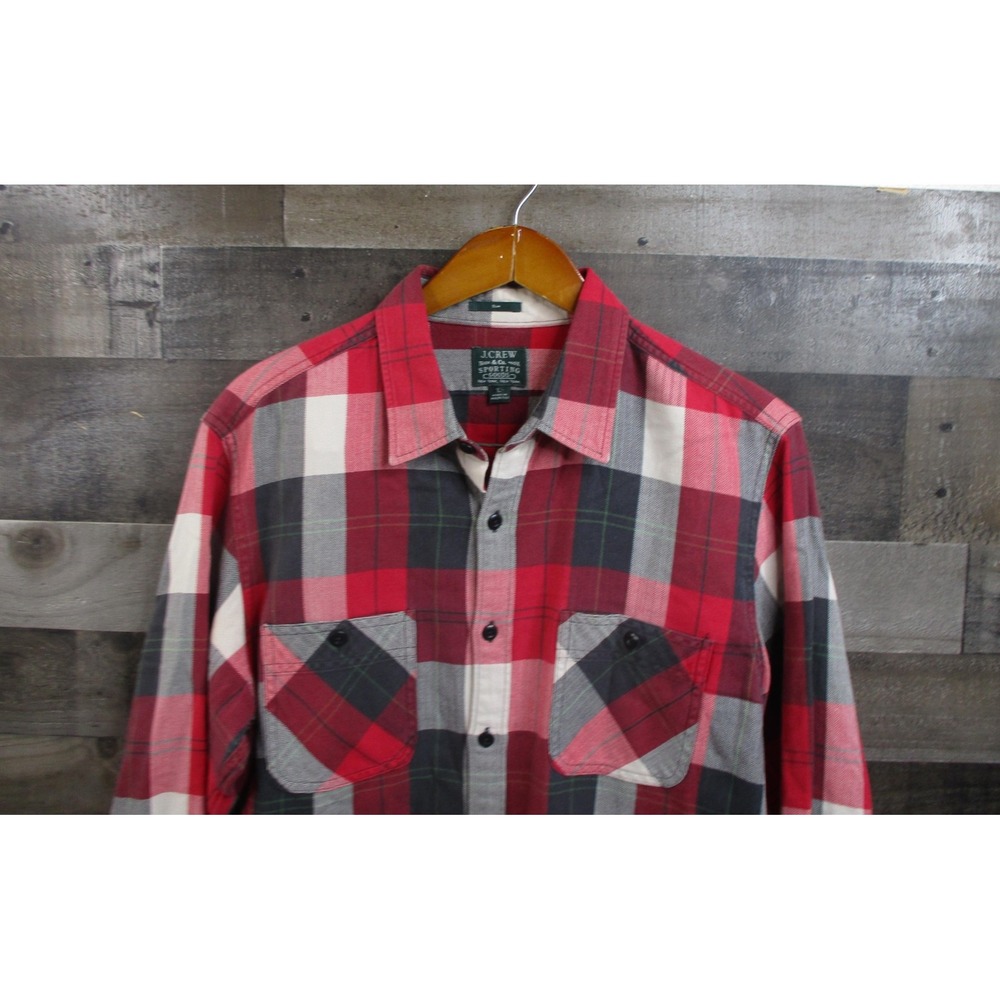 J Crew Flannel Shirt Mens Large Red Plaid Slim Fit Sporting Goods Long Sleeve